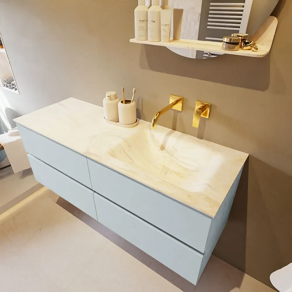 Mondiaz Vica DLux badmeubel 130cm clay 4 lades met wastafel ostra rechts zonder kraangat