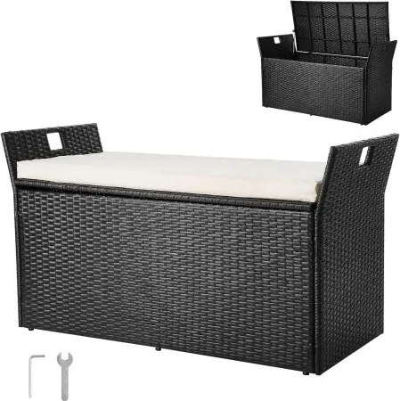 VEVOR Tuinbank met opbergruimte, PE rotan opbergkist, kistbank met kussens en handgrepen aan de zijkant, ondersteunt tot 360 kg, tuinzitbank en verandadecoratie voor patio, tuin, balkon, 125 x 55 x 70 cm