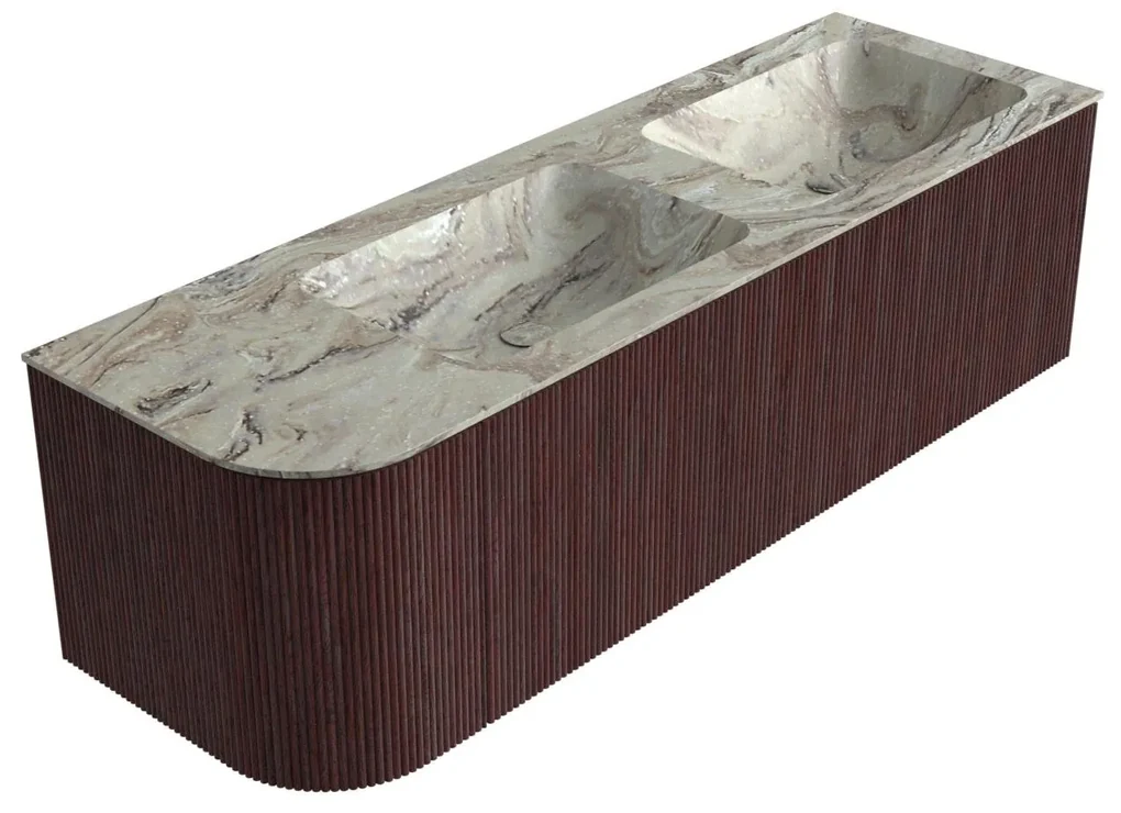 Mondiaz Kurve-dlux 145cm badmeubel ronding links ruby met 1 lade en deur en wastafel leaf dubbel/rechts zonder kraangat glace