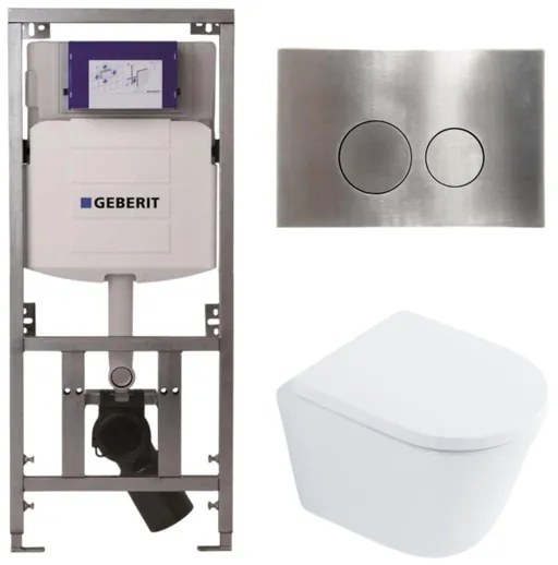 QeramiQ Dely Toiletset - 36.3x51.7cm - diepspoel - rimless - Geberit UP320 inbouwreservoir - met Burda frame - softclose toilet zitting 35 mm - steel bedieningsplaat - ronde knoppen - wit glans SW1026255 / SW1159505/0701131/SW706194