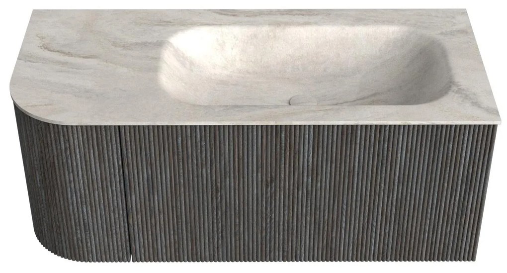 Mondiaz Kurve-dlux 105cm badmeubel ronding links shadow met 1 lade en deur en wastafel big small rechts zonder kraangat ostra