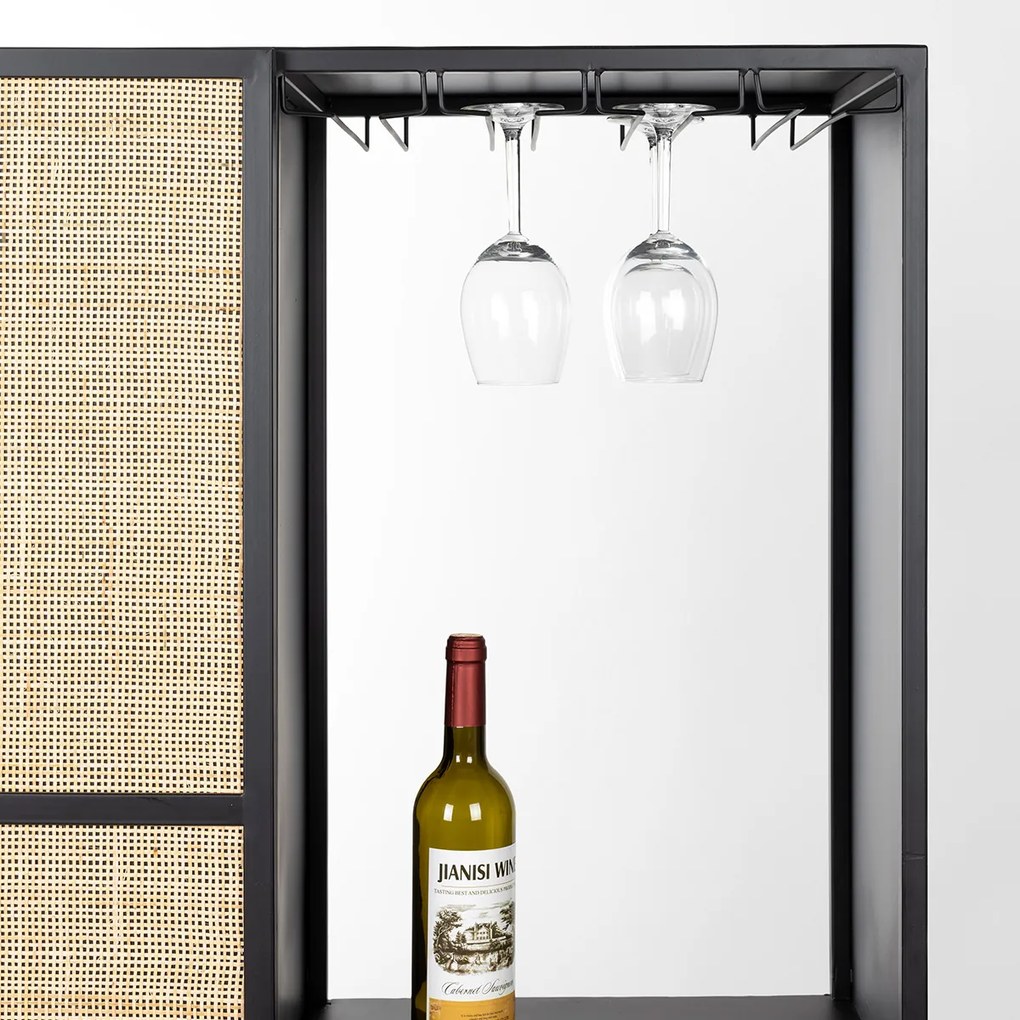 Hoge Wijnkast Zwart Met Rotan - 80x38x175cm.