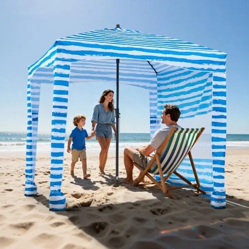 VEVOR strandcabana 183 x 183 cm, strandluifel met zijwanden, UPF 50+ zonbescherming, strandpaviljoen met zandzakken, draagbare parasol voor familie en vrienden, blauwe strepen