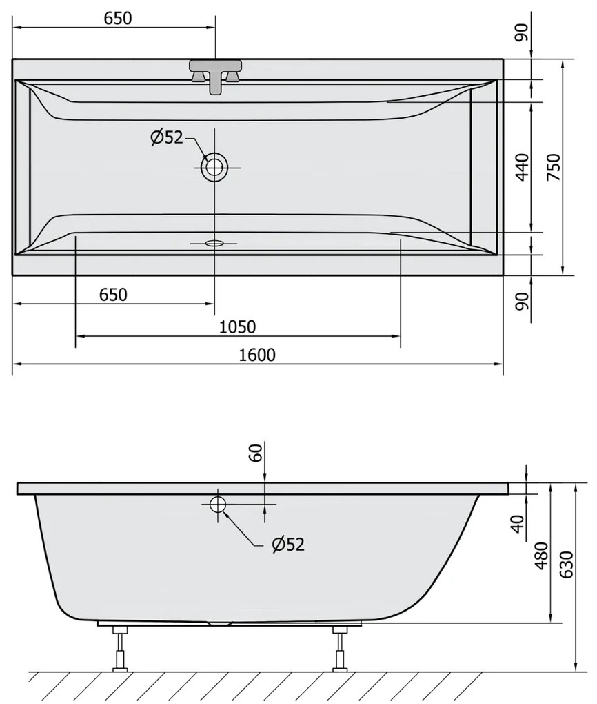 Polysan Cleo ligbad 160x75x48cm donkergrijs