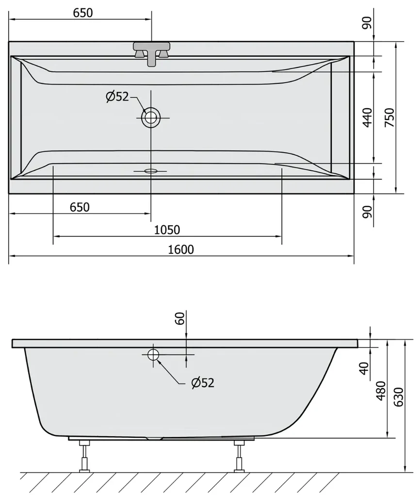 Polysan Cleo ligbad 160x75x48cm donkergrijs