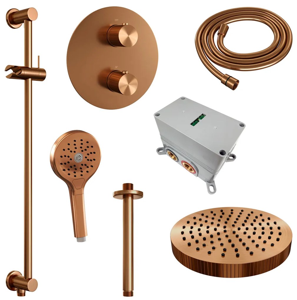 Brauer Stripe inbouw regendouche rond met 25cm hoofddouche, rond met plafondarm, glijstang en 3 standen handdouche set 48 koper geborsteld PVD