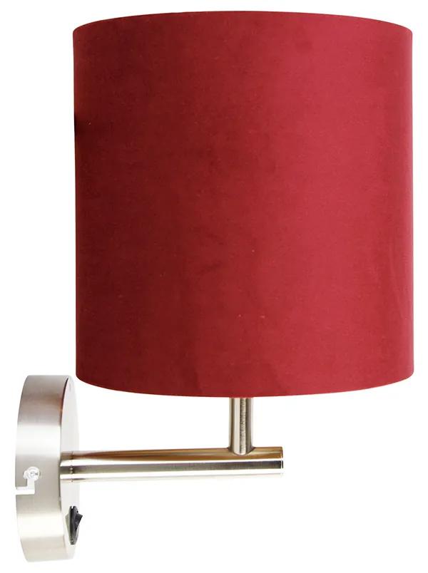 Strakke wandlamp staal met rode velours kap - Matt Modern E27 rond Binnenverlichting Lamp