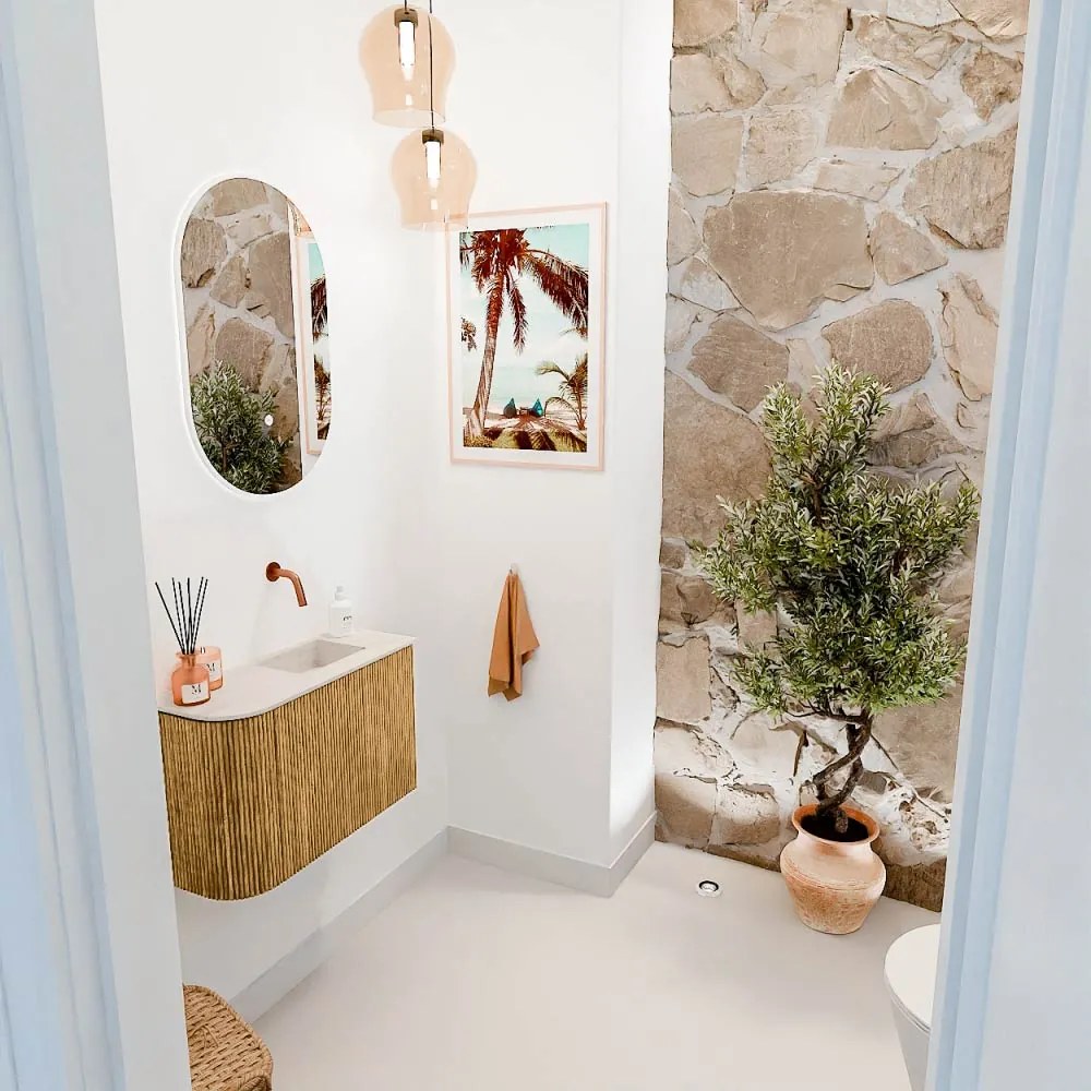 Mondiaz Joya DLux 60cm toiletmeubel ronding links oak met wastafel faye rechts zonder kraangat meli