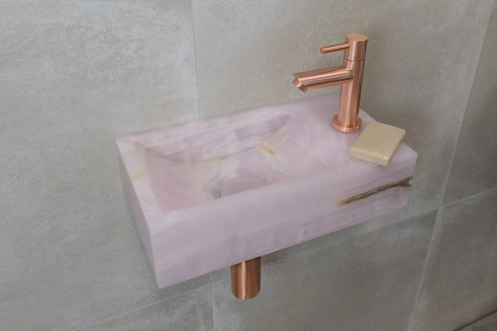 Saniclear Pink Onyx fonteinset met rechte kraan in geborsteld koper