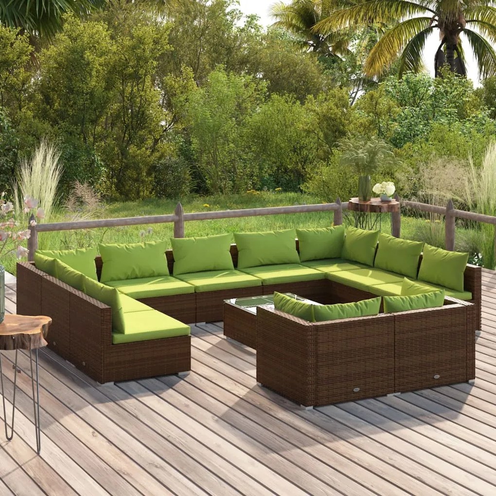 vidaXL 12-delige Loungeset met kussens poly rattan bruin