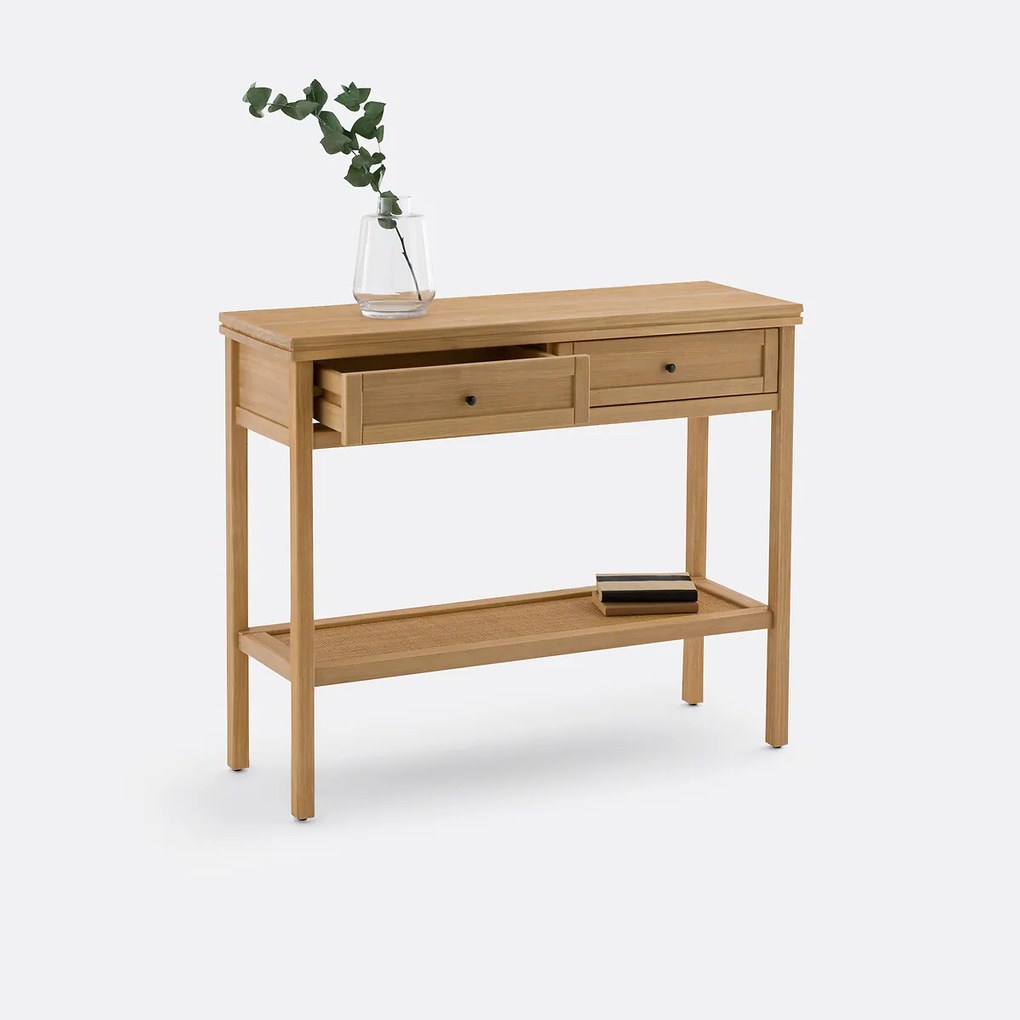 Console met dubbel plateau massief dennenhout en vlechtwerk Gabin