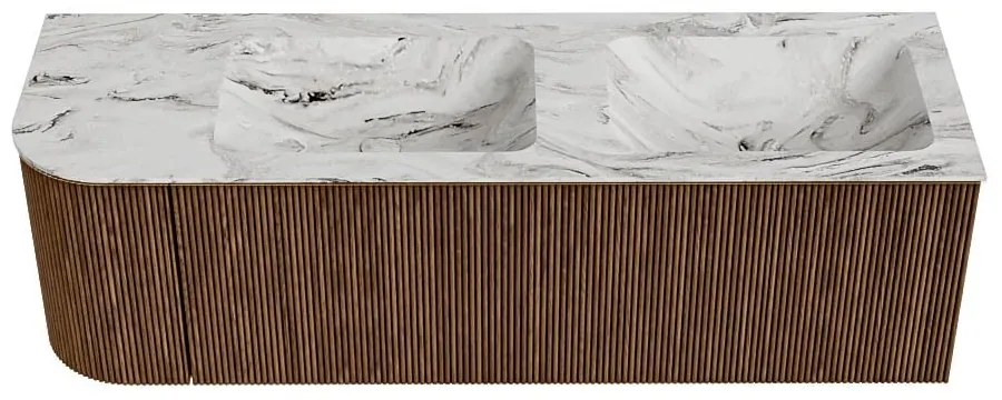 Mondiaz Kurve-dlux 145cm badmeubel ronding links walnut met 1 lade en deur en wastafel leaf dubbel/rechts zonder kraangat glace