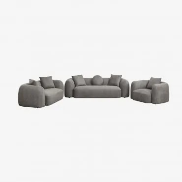Zitkamer Set Met Modulaire 3-zitsbank, 2-zitsbank En Fauteuil In Coco Chenille Granietgrijs Dik Chenilledoek - Sklum