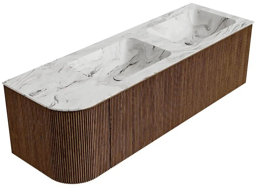 Mondiaz Kurve-dlux 145cm badmeubel ronding links walnut met 1 lade en deur en wastafel leaf dubbel/rechts zonder kraangat glace