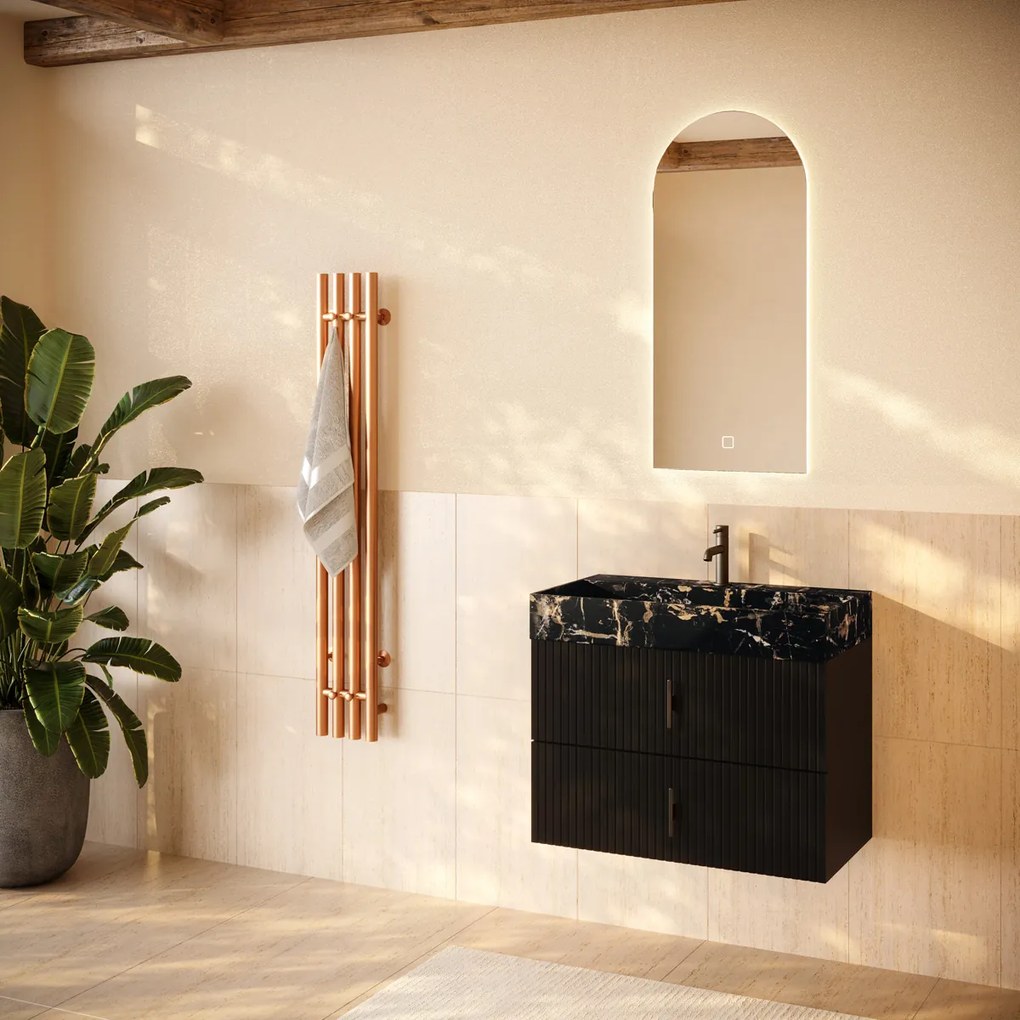 Muebles Murcia badmeubel ribbelfront 80cm zwart mat met Portoro Gold wastafel met kraangat