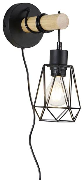 Landelijke wandlamp zwart met hout - Dami Frame Landelijk Minimalistisch E27 Draadlamp rond Binnenverlichting Lamp