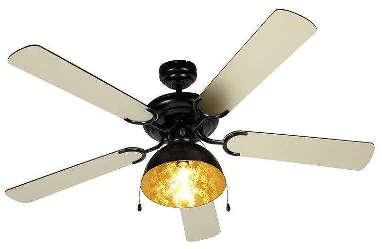 Plafondventilator met lamp zwart met beige 130cm met trekschakelaar - Mistral Magna Industriele / Industrie / Industrial E27 rond Binnenverlichting Lamp