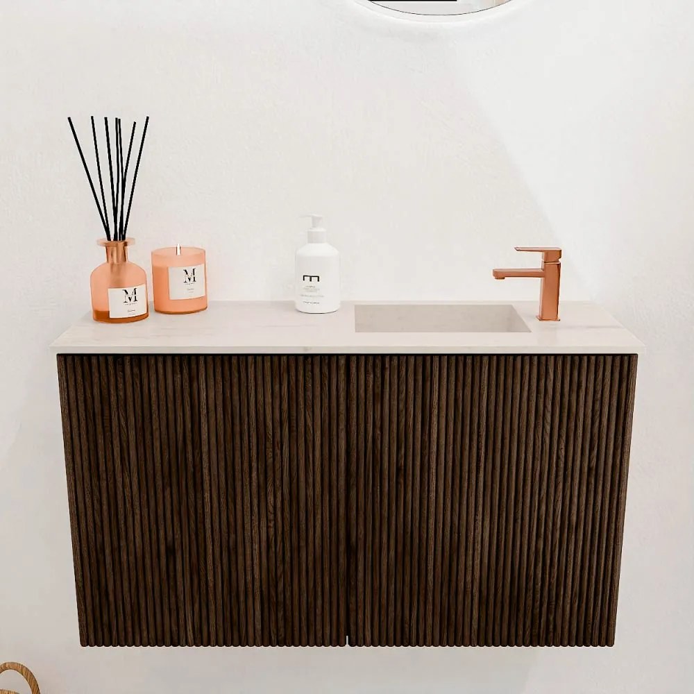 Mondiaz Joya DLux 70cm toiletmeubel walnut met wastafel faye rechts 1 kraangat meli