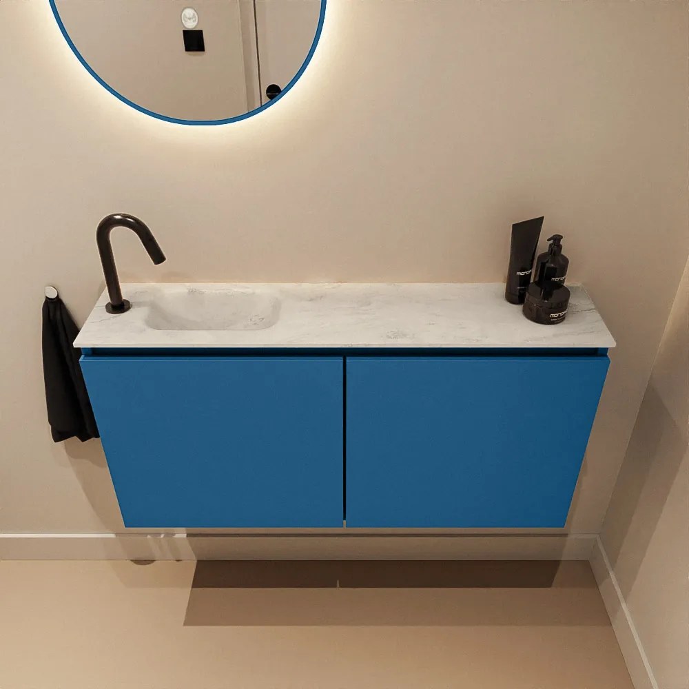 Mondiaz Ture DLux toiletmeubel 100cm jeans met wastafel opalo links met kraangat