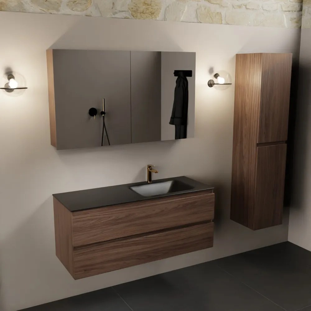 Mondiaz Aivy badmeubel 120cm mocha met wastafel solid surface urban rechts 1 kraangat en spiegelkast