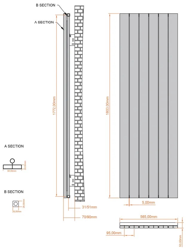 Eastbrook Charlton radiator 55x180cm aluminium 1661W antraciet