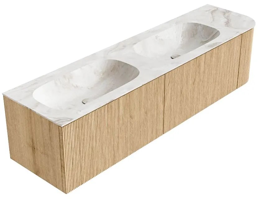 Mondiaz Kurve-dlux 175cm badmeubel ronding rechts oak met 2 lades en 1 deur en wastafel stor small dubbel/links 2 kraangaten frappe