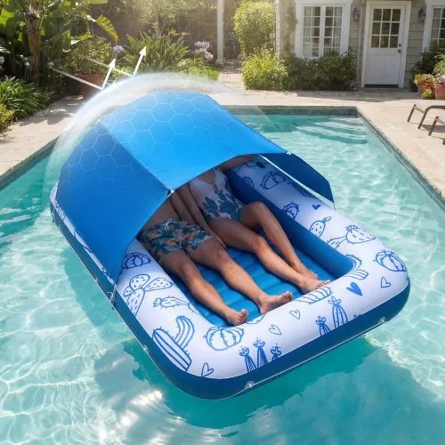 VEVOR Opblaasbaar Zwemmatras 208 x 140 cm, Zwembadluchtmatras met afneembaar UPF 50+ zonnescherm, draagvermogen 250 kg, drijvend eiland voor 2 personen, incl. kussen, telefoon- en bekerhouder voor zwembad en zee