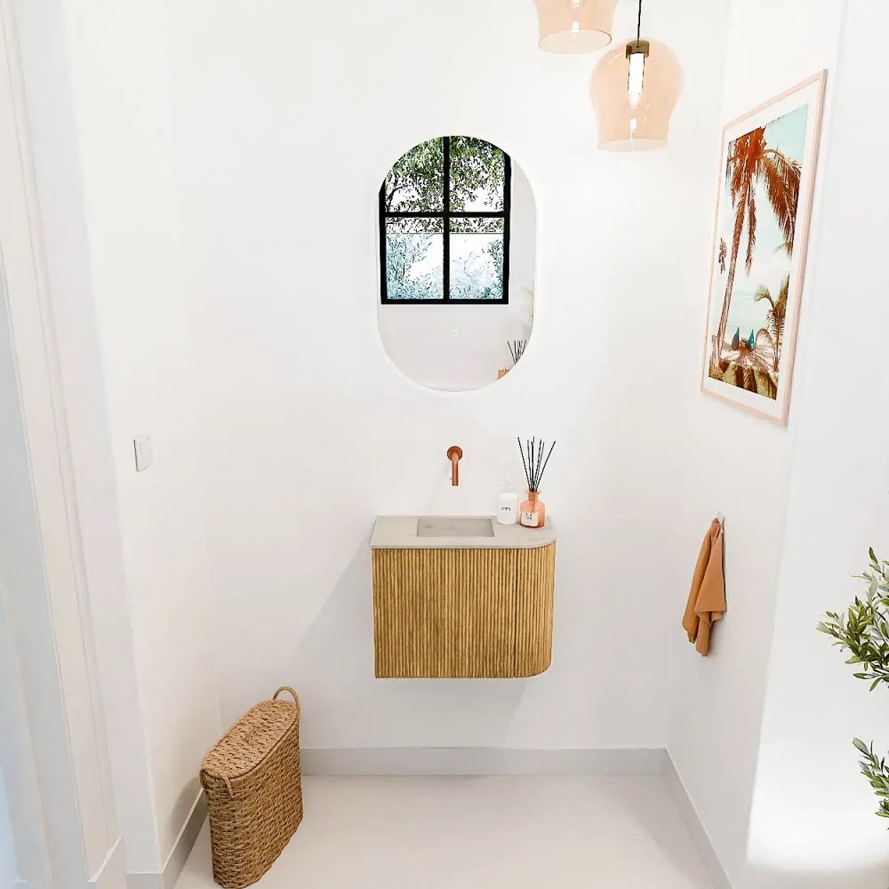 Mondiaz Joya DLux 50cm toiletmeubel ronding rechts oak met wastafel faye links zonder kraangat opalo