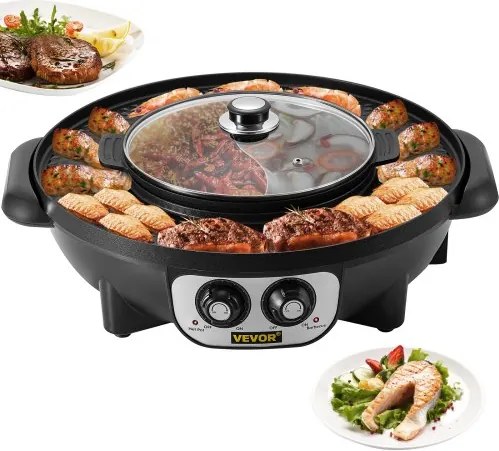 VEVOR 2 in 1 BBQ Grill Hete Pot 2200W Multifunction Elektrische Grill Hot Pot 51,5x21x46 cm Grill Indoor Hot Pot van Gegoten Aluminium en Gehard Glas met Dubbele Temperatuurregeling voor Thuis Koken