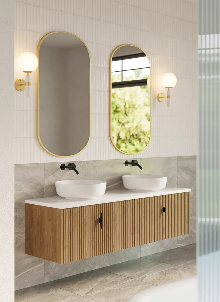 Muebles Ezra badmeubel ribbelfront 160cm warm eiken met wit toppaneel en waskom