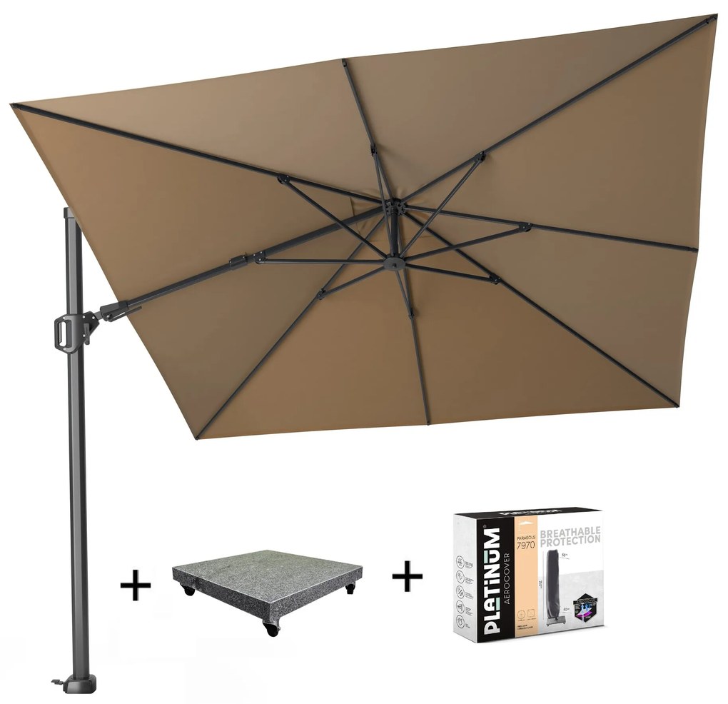 Challenger T2 zweefparasol 300x300 cm taupe met 120 KG voet en hoes