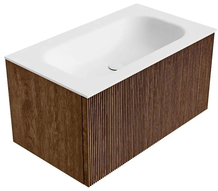 Mondiaz Kurve 80cm badmeubel walnut met 1 lade en wastafel big small midden zonder kraangat