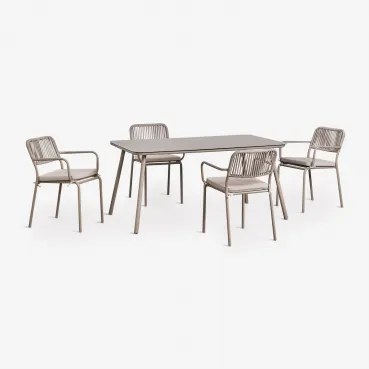 Rechthoekige Eettafelset 160 X 90 Cm Met 4 Stapelbare Eetkamerstoelen Van Gevlochten Touw Arhiza Moka Bruin - Sklum