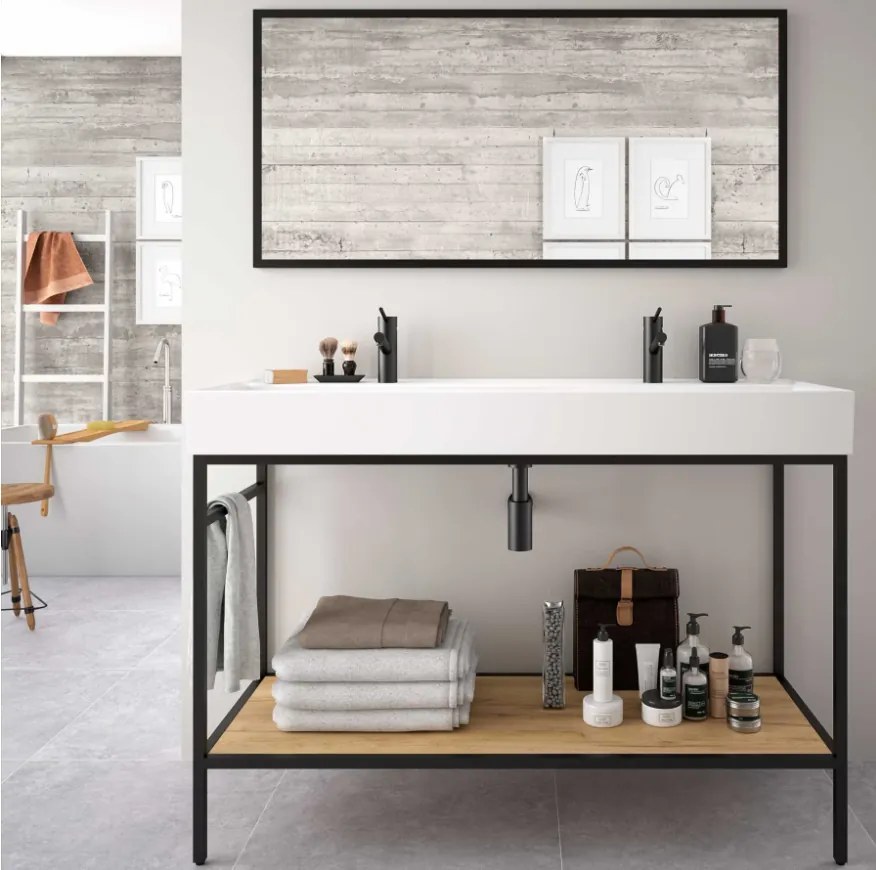 Muebles Davinci staand badkamermeubel 120cm inclusief wastafel 2 kraangaten, mat zwart frame