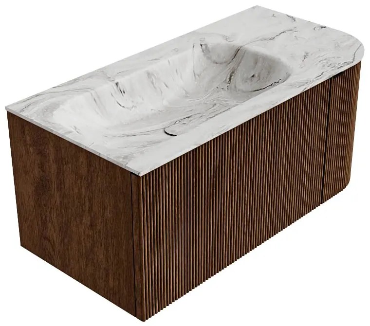 Mondiaz Kurve-dlux 95cm badmeubel ronding rechts walnut met 1 lade en deur en wastafel big small links zonder kraangat glace