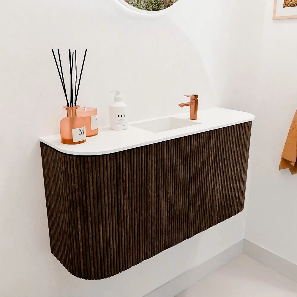 Mondiaz Joya 85cm toiletmeubel ronding links/rechts walnut met wastafel faye midden 1 kraangat talc