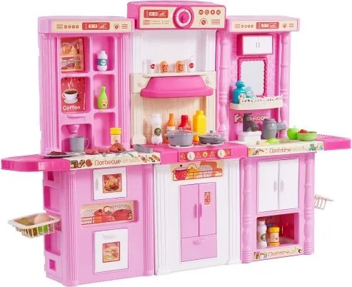 VEVOR Kinderkeukenset, 3-in-1 peuterkeuken met gesimuleerde sproeier, geluiden en lichtjes, speelkeukenset met 74-delige kookaccessoires voor kinderen van 3-8 jaar, roze