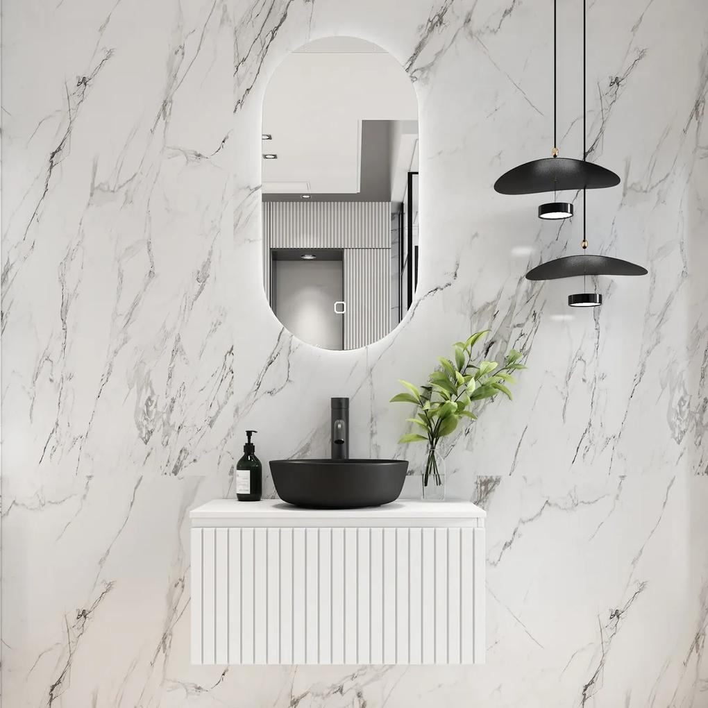 Fontana Stripe mat wit badmeubel ribbelfront 80cm met zwarte waskom en ovale LED spiegel