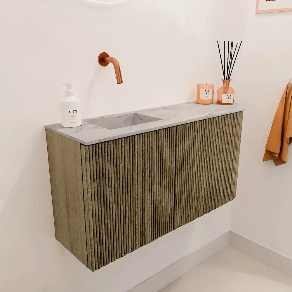 Mondiaz Joya DLux 80cm toiletmeubel ronding rechts dusk met wastafel faye links zonder kraangat glace