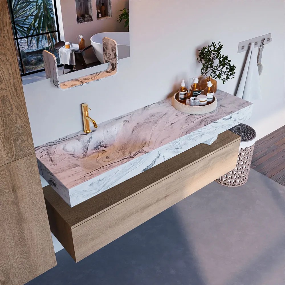 Mondiaz Alan DLux badmeubel 150cm washed oak 1 lade met wastafel glace links 1 kraangat