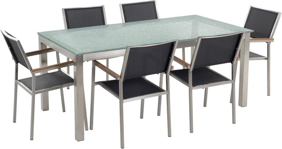 Tuinset matglas/RVS enkel tafelblad 180 x 90 cm met 6 stoelen zwart GROSSETO
