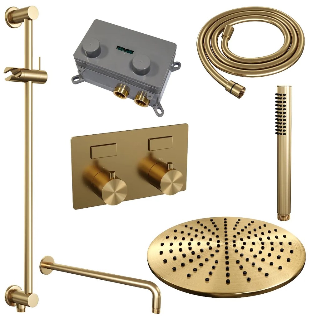 Brauer Gold Edition thermostatische inbouw regendouche met staafhanddouche, gebogen muurarm, glijstang en hoofddouche 30cm set 64 messing geborsteld PVD