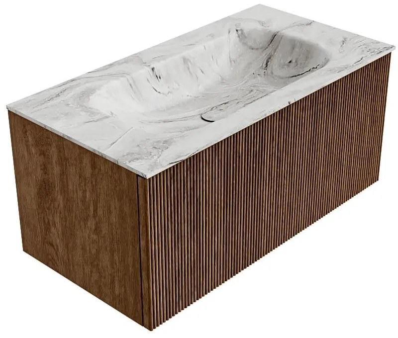 Mondiaz Kurve-dlux 90cm badmeubel walnut met 1 lade en wastafel big small midden zonder kraangat glace