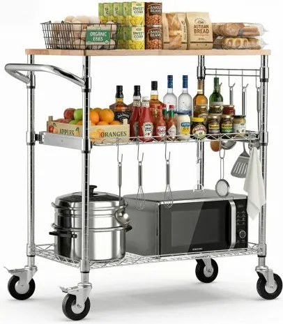 VEVOR 3-laags keukentrolley, robuuste serveerwagen tot 300 kg, rolwagen met in hoogte verstelbare draadplanken, handgreep en werkblad, metalen plank op wielen voor keuken en garage, 762 x 457 x 914 mm