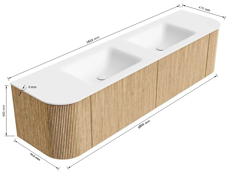 Mondiaz Kurve 180cm badmeubel ronding links/rechts walnut met 2 lades en deuren en wastafel cloud dubbel 2 kraangaten urban