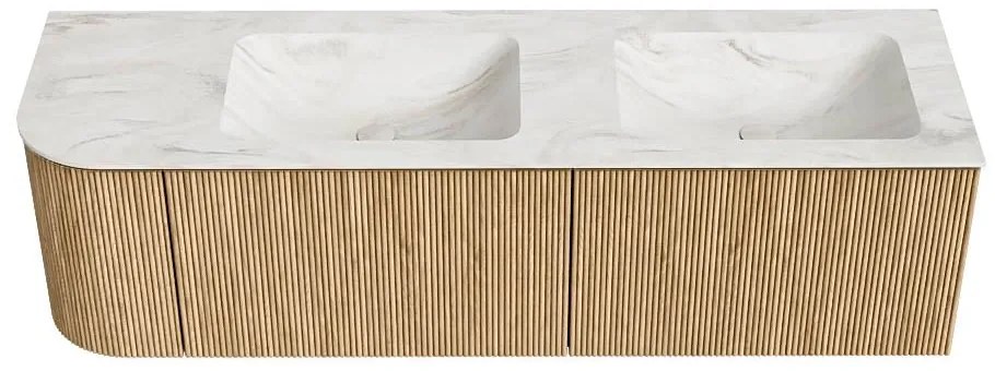 Mondiaz Kurve-dlux 155cm badmeubel ronding links oak met 2 lades en 1 deur en wastafel leaf dubbel/rechts zonder kraangat ostra