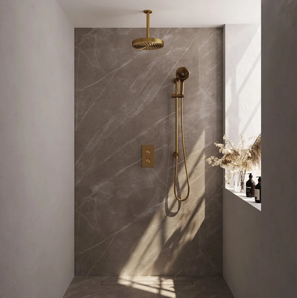 Brauer Stripe inbouw regendouche met 25cm hoofddouche, met plafondarm, glijstang en 3 standen handdouche set 24 messing geborsteld PVD