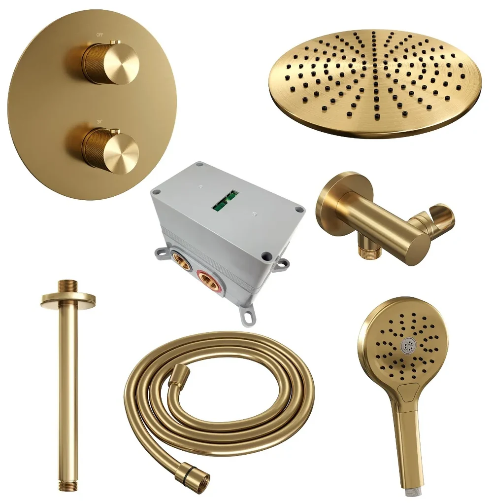Brauer Gold Carving thermostatische inbouw regendouche met 3 standen handdouche, plafondarm en hoofddouche 30cm set 84 messing geborsteld PVD