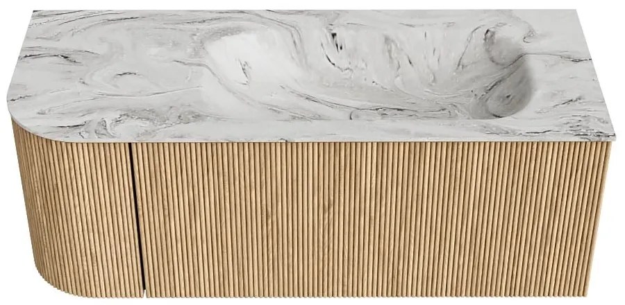 Mondiaz Kurve-dlux 115cm badmeubel ronding links oak met 1 lade en deur en wastafel big small kraangat rechts glace