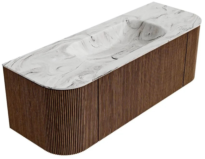 Mondiaz Kurve-dlux 130cm badmeubel ronding links/rechts walnut met 1 lade en 2 deuren en wastafel big small midden 1 kraangat glace